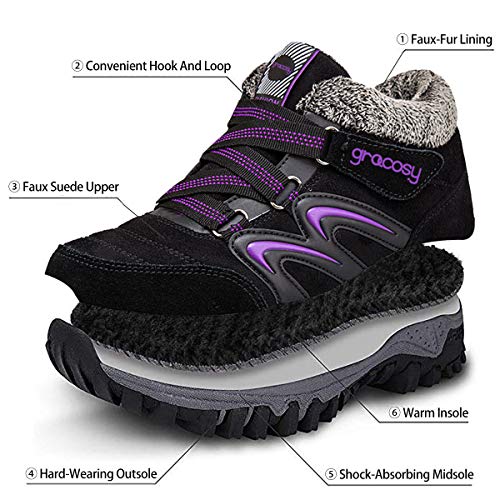 gracosy Mujer Botas de Nieve Senderismo Zapatos Antideslizantes Trekking Zapatos Invierno Piel de Forro Sneakers Transpirables