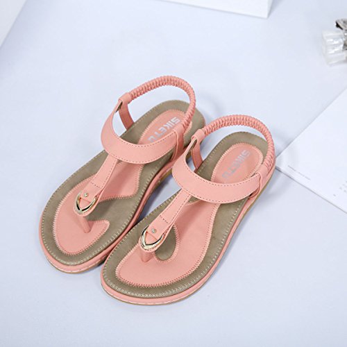 Gracosy Sandalias Bohemias de Mujeres del Verano del Dedo del pie Plano del pie Chanclas de Metal con Perlas Zapatillas elásticas en Forma de T Correas Zapatos Ocasionales del día de Fiesta