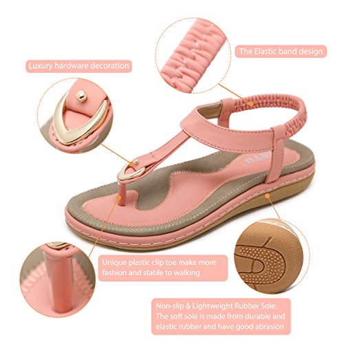 Gracosy Sandalias Bohemias de Mujeres del Verano del Dedo del pie Plano del pie Chanclas de Metal con Perlas Zapatillas elásticas en Forma de T Correas Zapatos Ocasionales del día de Fiesta