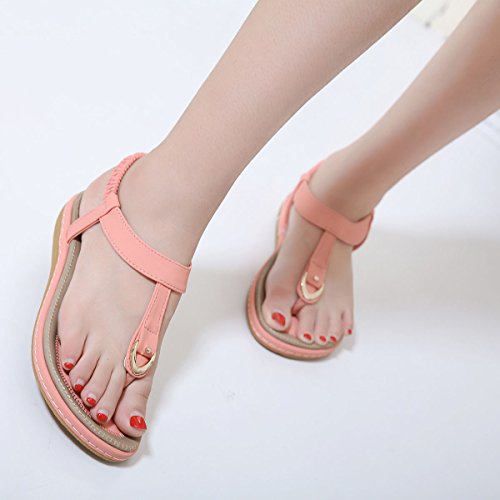 Gracosy Sandalias Bohemias de Mujeres del Verano del Dedo del pie Plano del pie Chanclas de Metal con Perlas Zapatillas elásticas en Forma de T Correas Zapatos Ocasionales del día de Fiesta