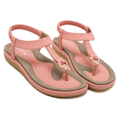 Gracosy Sandalias Bohemias de Mujeres del Verano del Dedo del pie Plano del pie Chanclas de Metal con Perlas Zapatillas elásticas en Forma de T Correas Zapatos Ocasionales del día de Fiesta