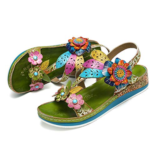 gracosy Sandalias Cuero Planas Verano Mujer Estilo Bohemia Zapatos para Mujer de Dedo Sandalias Talla Grande 37-42 Chanclas Romanas de Mujer Rojo Azul Púrpura Naranja Hecho a Mano Los Zapatos 2020