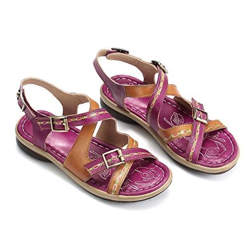 gracosy Sandalias Cuero Planas Verano Mujer Estilo Bohemia Zapatos para Mujer de Dedo Sandalias Talla Grande 37-42 Chanclas Romanas de Mujer Rojo Azul Púrpura Naranja Hecho a Mano Los Zapatos 2020