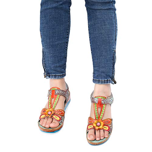 gracosy Sandalias Cuero Planas Verano Mujer Estilo Bohemia Zapatos para Mujer de Dedo Sandalias Talla Grande 37-42 Chanclas Romanas de Mujer Rojo Azul Púrpura Naranja Hecho a Mano Los Zapatos 2020