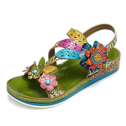 gracosy Sandalias Cuero Planas Verano Mujer Estilo Bohemia Zapatos para Mujer de Dedo Sandalias Talla Grande 37-42 Chanclas Romanas de Mujer Rojo Azul Púrpura Naranja Hecho a Mano Los Zapatos 2020