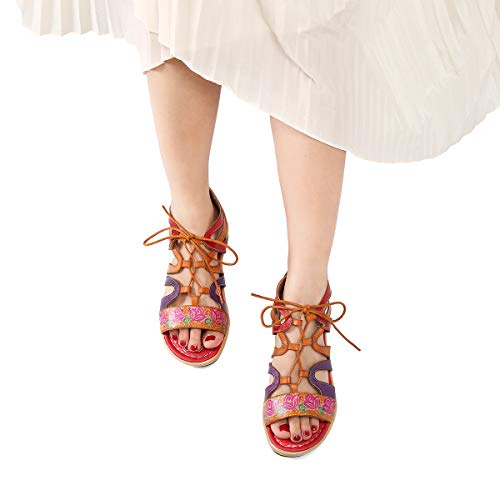 gracosy Sandalias Cuero Planas Verano Mujer Estilo Bohemia Zapatos para Mujer de Dedo Sandalias Talla Grande 37-42 Chanclas Romanas de Mujer Rojo Azul Púrpura Naranja Hecho a Mano Los Zapatos 2020