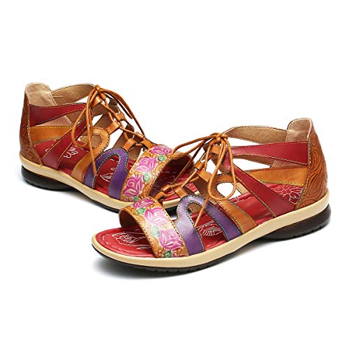 gracosy Sandalias Cuero Planas Verano Mujer Estilo Bohemia Zapatos para Mujer de Dedo Sandalias Talla Grande 37-42 Chanclas Romanas de Mujer Rojo Azul Púrpura Naranja Hecho a Mano Los Zapatos 2020