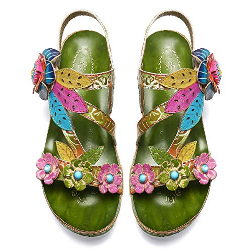 gracosy Sandalias Cuero Planas Verano Mujer Estilo Bohemia Zapatos para Mujer de Dedo Sandalias Talla Grande 37-42 Chanclas Romanas de Mujer Rojo Azul Púrpura Naranja Hecho a Mano Los Zapatos 2020