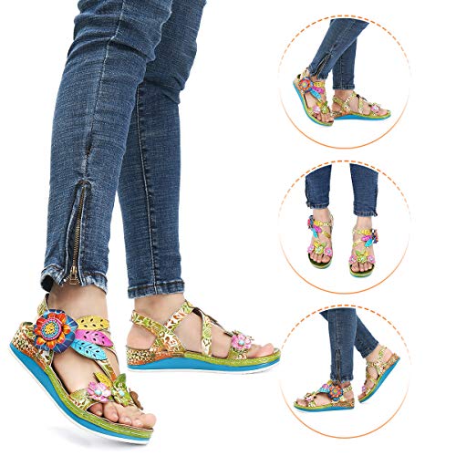 gracosy Sandalias Cuero Planas Verano Mujer Estilo Bohemia Zapatos para Mujer de Dedo Sandalias Talla Grande 37-42 Chanclas Romanas de Mujer Rojo Azul Púrpura Naranja Hecho a Mano Los Zapatos 2020