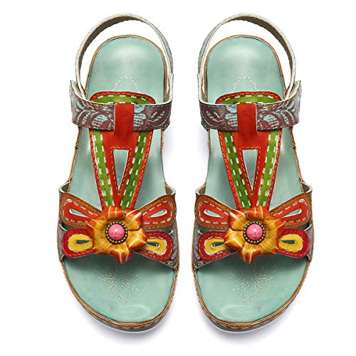 gracosy Sandalias Cuero Planas Verano Mujer Estilo Bohemia Zapatos para Mujer de Dedo Sandalias Talla Grande 37-42 Chanclas Romanas de Mujer Rojo Azul Púrpura Naranja Hecho a Mano Los Zapatos 2020