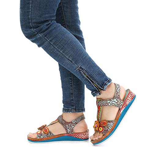 gracosy Sandalias Cuero Planas Verano Mujer Estilo Bohemia Zapatos para Mujer de Dedo Sandalias Talla Grande 37-42 Chanclas Romanas de Mujer Rojo Azul Púrpura Naranja Hecho a Mano Los Zapatos 2020