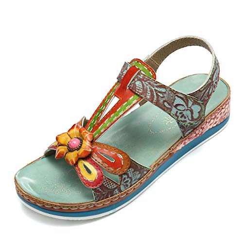 gracosy Sandalias Cuero Planas Verano Mujer Estilo Bohemia Zapatos para Mujer de Dedo Sandalias Talla Grande 37-42 Chanclas Romanas de Mujer Rojo Azul Púrpura Naranja Hecho a Mano Los Zapatos 2020