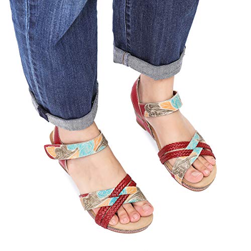 gracosy Sandalias Cuero Verano Mujer Estilo Bohemia Zapatos de Tacón Medio para Mujer de Dedo Cuña Sandalias Talla Grande Chanclas Romanas de Mujer Negro Beige Azul Hecho a Mano Los Zapatos 2019