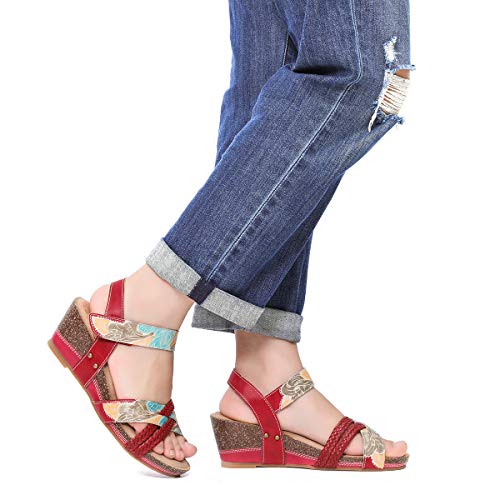 gracosy Sandalias Cuero Verano Mujer Estilo Bohemia Zapatos de Tacón Medio para Mujer de Dedo Cuña Sandalias Talla Grande Chanclas Romanas de Mujer Negro Beige Azul Hecho a Mano Los Zapatos 2019