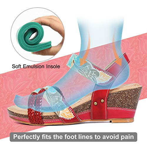 gracosy Sandalias Cuero Verano Mujer Estilo Bohemia Zapatos de Tacón Medio para Mujer de Dedo Cuña Sandalias Talla Grande Chanclas Romanas de Mujer Negro Beige Azul Hecho a Mano Los Zapatos 2019