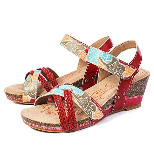 gracosy Sandalias Cuero Verano Mujer Estilo Bohemia Zapatos de Tacón Medio para Mujer de Dedo Cuña Sandalias Talla Grande Chanclas Romanas de Mujer Negro Beige Azul Hecho a Mano Los Zapatos 2019