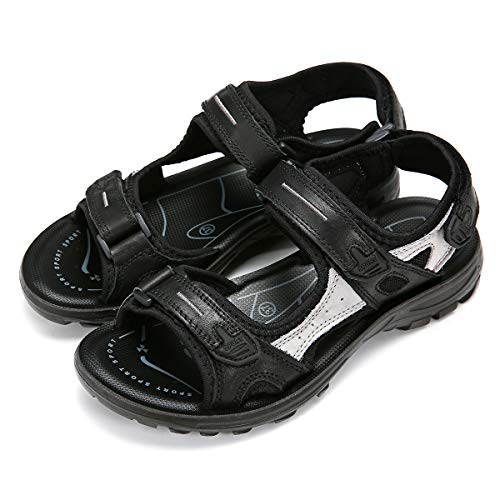 Gracosy - Sandalias de deporte para mujer y niña, planas, de piel con velcro ajustable, cómodas para caminar, trekking y pies anchos, color negro # 43 EU