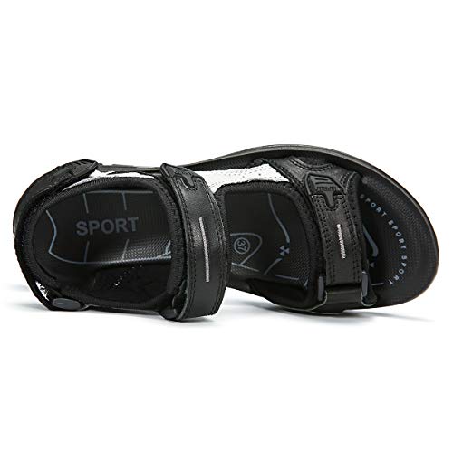 Gracosy - Sandalias de deporte para mujer y niña, planas, de piel con velcro ajustable, cómodas para caminar, trekking y pies anchos, color negro # 43 EU
