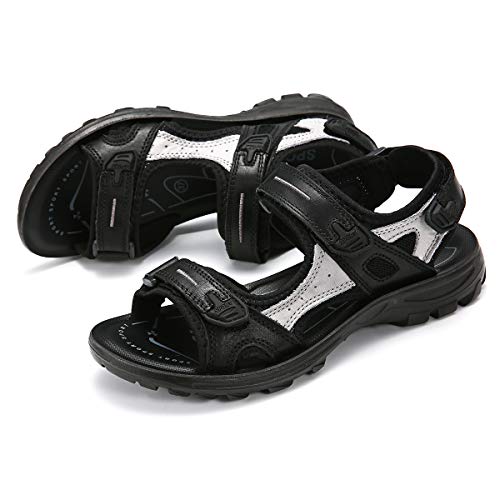 Gracosy - Sandalias de deporte para mujer y niña, planas, de piel con velcro ajustable, cómodas para caminar, trekking y pies anchos, color negro # 43 EU