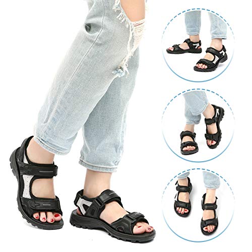 Gracosy - Sandalias de deporte para mujer y niña, planas, de piel con velcro ajustable, cómodas para caminar, trekking y pies anchos, color negro # 43 EU