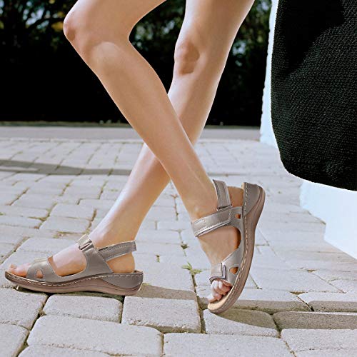 gracosy Sandalias Planas Mujer Verano Zapatos Hook Loop Sandalias de Cuero Correas de Playa Ajustables Tacones Bajos Deportivas cómodas Zapatos para Caminar
