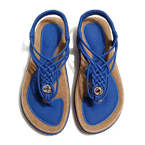 gracosy Sandalias Planas Verano Mujer Estilo Bohemia Zapatos de Dedo Sandalias Talla Grande Cinta Casuales Playa Chanclas Romanas de Mujer 2020 Azul Negro Moda
