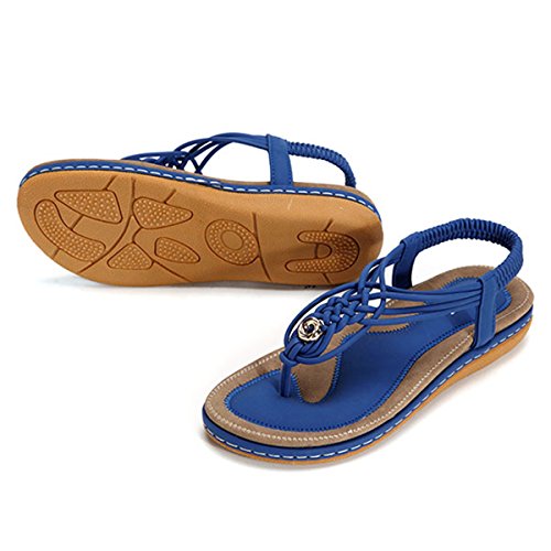 gracosy Sandalias Planas Verano Mujer Estilo Bohemia Zapatos de Dedo Sandalias Talla Grande Cinta Casuales Playa Chanclas Romanas de Mujer 2020 Azul Negro Moda