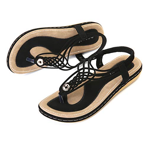 gracosy Sandalias Planas Verano Mujer Estilo Bohemia Zapatos de Dedo Sandalias Talla Grande Cinta Casuales Playa Chanclas Romanas de Mujer 2020 Azul Negro Moda