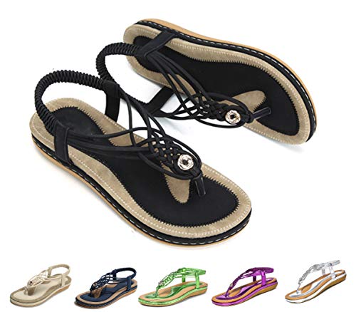 gracosy Sandalias Planas Verano Mujer Estilo Bohemia Zapatos de Dedo Sandalias Talla Grande Cinta Casuales Playa Chanclas Romanas de Mujer 2020 Azul Negro Moda