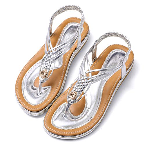 gracosy Sandalias Planas Verano Mujer Estilo Bohemia Zapatos de Dedo Sandalias Talla Grande Cinta Elástica Casuales de Playa Chanclas Romanas de Mujer 2019 Azul Negro Púrpura Rhinestone de Moda