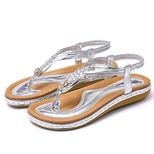 gracosy Sandalias Planas Verano Mujer Estilo Bohemia Zapatos de Dedo Sandalias Talla Grande Cinta Elástica Casuales de Playa Chanclas Romanas de Mujer 2019 Azul Negro Púrpura Rhinestone de Moda