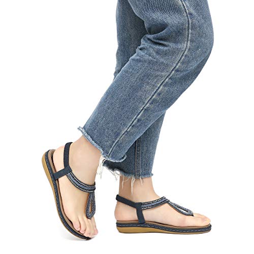 gracosy Sandalias Planas Verano Mujer Estilo Bohemia Zapatos para Mujer de Dedo Sandalias Talla Grande 36-44 Cinta Elástica Casuales de Playa Chanclas Romanas de Mujer 2020 Rhinestone de Moda