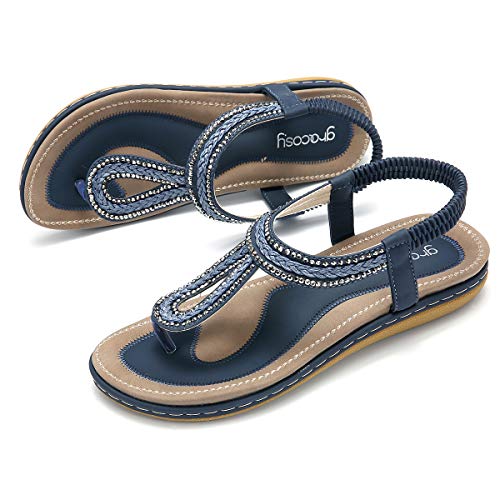 gracosy Sandalias Planas Verano Mujer Estilo Bohemia Zapatos para Mujer de Dedo Sandalias Talla Grande 36-44 Cinta Elástica Casuales de Playa Chanclas Romanas de Mujer 2020 Rhinestone de Moda