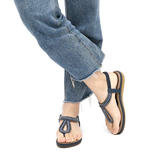 gracosy Sandalias Planas Verano Mujer Estilo Bohemia Zapatos para Mujer de Dedo Sandalias Talla Grande 36-44 Cinta Elástica Casuales de Playa Chanclas Romanas de Mujer 2020 Rhinestone de Moda
