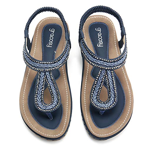 gracosy Sandalias Planas Verano Mujer Estilo Bohemia Zapatos para Mujer de Dedo Sandalias Talla Grande 36-44 Cinta Elástica Casuales de Playa Chanclas Romanas de Mujer 2020 Rhinestone de Moda