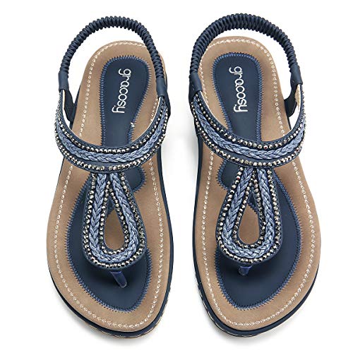 gracosy Sandalias Planas Verano Mujer Estilo Bohemia Zapatos para Mujer de Dedo Sandalias Talla Grande 36-44 Cinta Elástica Casuales de Playa Chanclas Romanas de Mujer 2020 Rhinestone de Moda