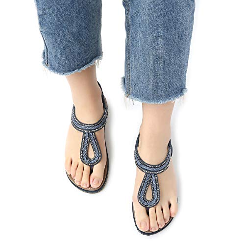 gracosy Sandalias Planas Verano Mujer Estilo Bohemia Zapatos para Mujer de Dedo Sandalias Talla Grande 36-44 Cinta Elástica Casuales de Playa Chanclas Romanas de Mujer 2020 Rhinestone de Moda