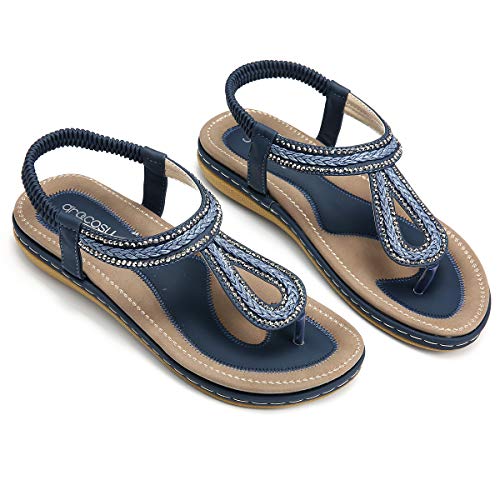 gracosy Sandalias Planas Verano Mujer Estilo Bohemia Zapatos para Mujer de Dedo Sandalias Talla Grande 36-44 Cinta Elástica Casuales de Playa Chanclas Romanas de Mujer 2020 Rhinestone de Moda