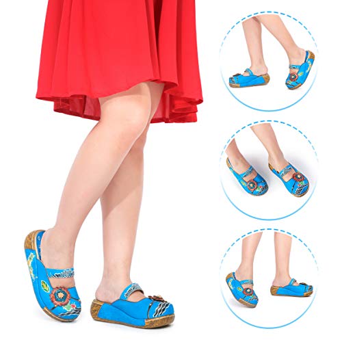 gracosy Zuecos Cuero Mujer, Zapatos Cuña Verano 2019 Tacon Plataforma Bohemias Casual Boda Fiesta Sandalias Mules Vestir con Flor Niña Azul Rojo Verde Gris Grandes