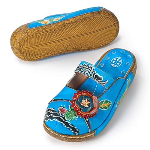 gracosy Zuecos Cuero Mujer, Zapatos Cuña Verano 2019 Tacon Plataforma Bohemias Casual Boda Fiesta Sandalias Mules Vestir con Flor Niña Azul Rojo Verde Gris Grandes