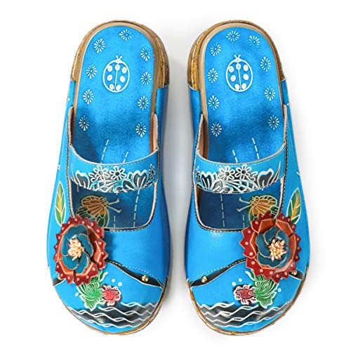 gracosy Zuecos Cuero Mujer, Zapatos Cuña Verano 2019 Tacon Plataforma Bohemias Casual Boda Fiesta Sandalias Mules Vestir con Flor Niña Azul Rojo Verde Gris Grandes