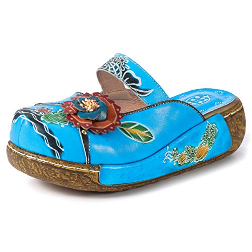 gracosy Zuecos Cuero Mujer, Zapatos Cuña Verano 2019 Tacon Plataforma Bohemias Casual Boda Fiesta Sandalias Mules Vestir con Flor Niña Azul Rojo Verde Gris Grandes