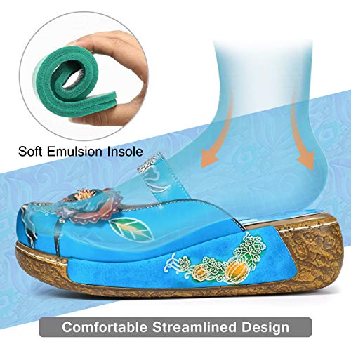 gracosy Zuecos Cuero Mujer, Zapatos Cuña Verano 2019 Tacon Plataforma Bohemias Casual Boda Fiesta Sandalias Mules Vestir con Flor Niña Azul Rojo Verde Gris Grandes
