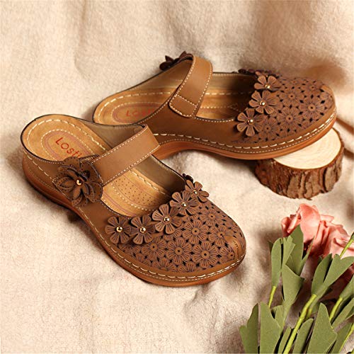 gracosy Zuecos para Mujer Cuero PU Verano Loafer Tacón Bajo Mules Zapatillas de Playa Planos Zapatos Antideslizantes Sandalias Mary Jane Zapatilla