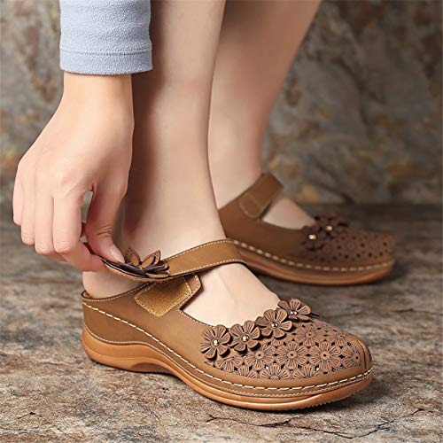 gracosy Zuecos para Mujer Cuero PU Verano Loafer Tacón Bajo Mules Zapatillas de Playa Planos Zapatos Antideslizantes Sandalias Mary Jane Zapatilla