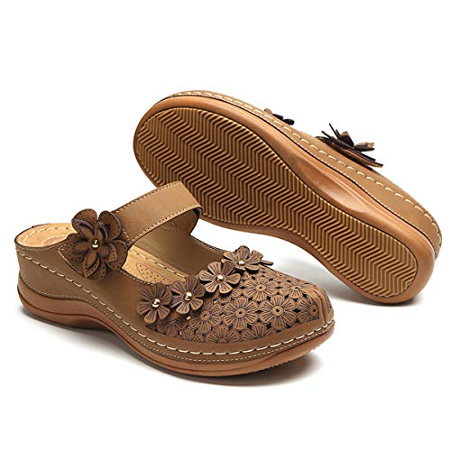 gracosy Zuecos para Mujer Cuero PU Verano Loafer Tacón Bajo Mules Zapatillas de Playa Planos Zapatos Antideslizantes Sandalias Mary Jane Zapatilla