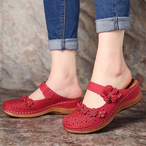 gracosy Zuecos para Mujer Cuero PU Verano Loafer Tacón Bajo Mules Zapatillas de Playa Planos Zapatos Antideslizantes Sandalias Mary Jane Zapatilla