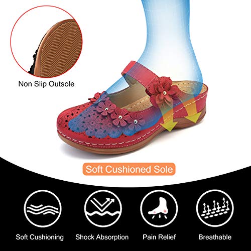 gracosy Zuecos para Mujer Cuero PU Verano Loafer Tacón Bajo Mules Zapatillas de Playa Planos Zapatos Antideslizantes Sandalias Mary Jane Zapatilla