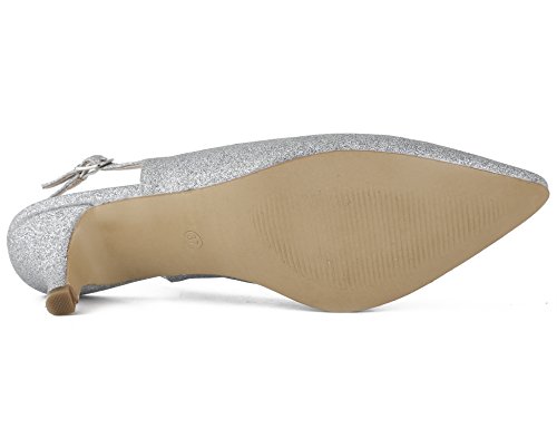 Greatonu Zapatos de Tacón de Aguja Puntiagudo Plateado Clásico Básico Diario para Oficina con Tira en el Tobillo para Mujer Talla 38 EU