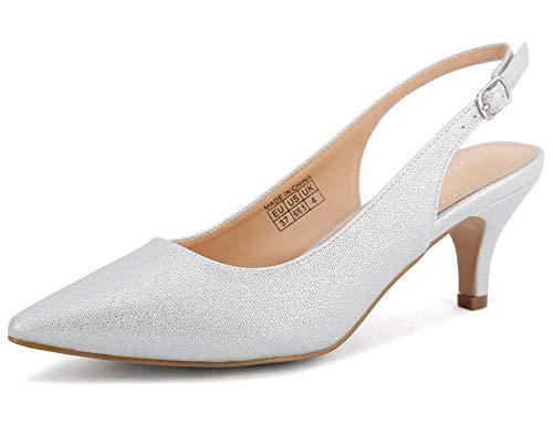 Greatonu Zapatos de Tacón de Aguja Puntiagudo Plateado Clásico Básico Diario para Oficina con Tira en el Tobillo para Mujer Talla 38 EU